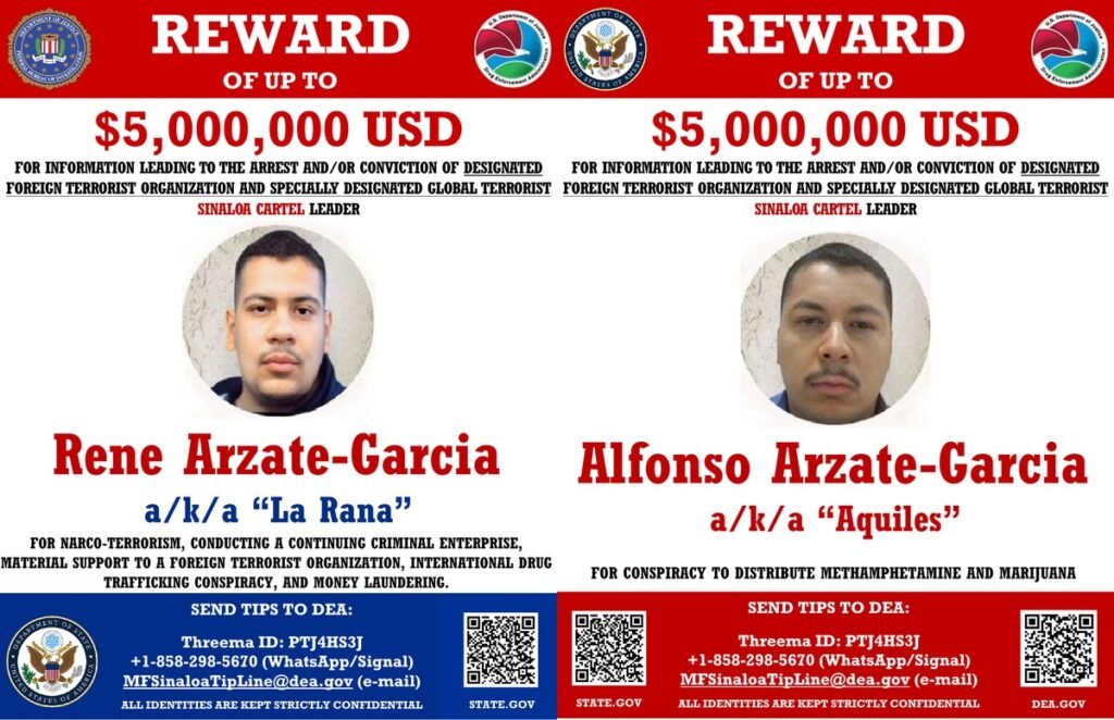 Side-by-side U.S. reward posters offering up to $5 million each for René Arzate-García, 'La Rana,' and Alfonso Arzate-García, 'Aquiles,' alleged Sinaloa Cartel Tijuana plaza bosses