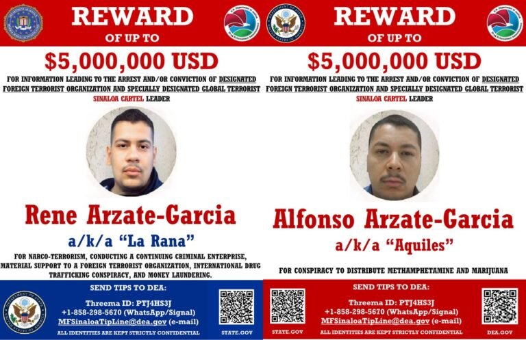Side-by-side U.S. reward posters offering up to $5 million each for René Arzate-García, 'La Rana,' and Alfonso Arzate-García, 'Aquiles,' alleged Sinaloa Cartel Tijuana plaza bosses