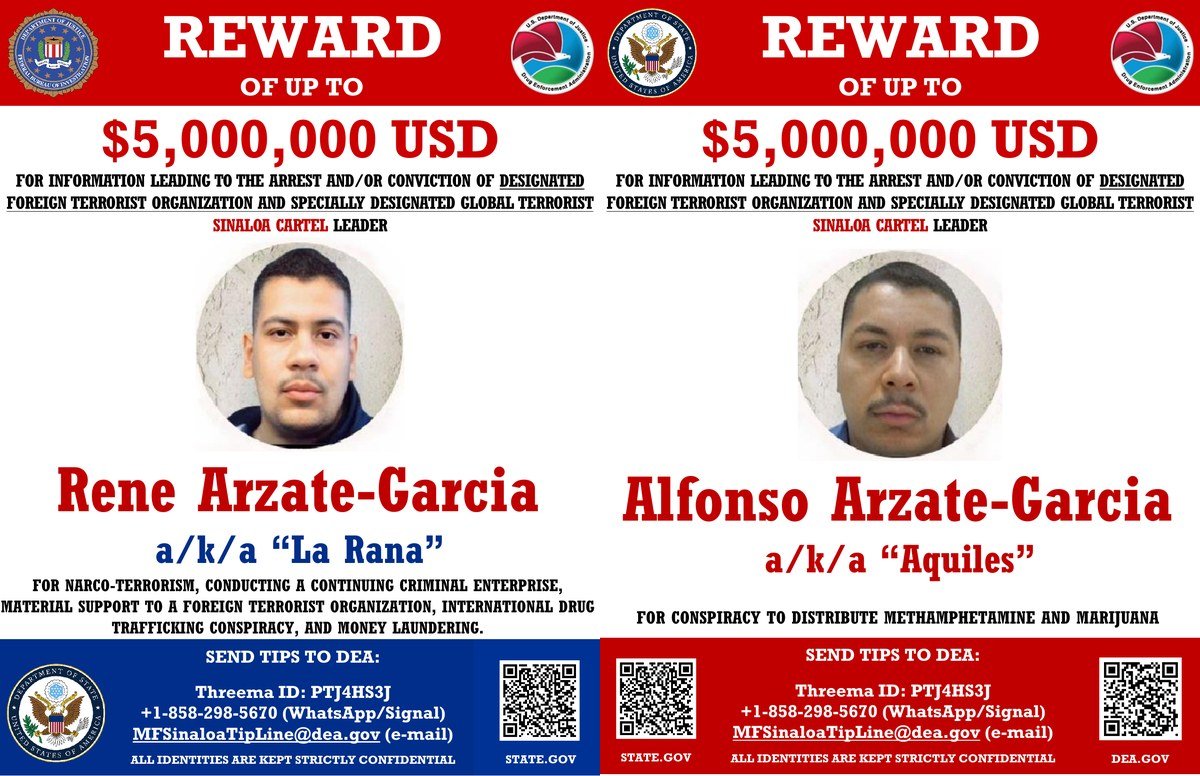 Side-by-side U.S. reward posters offering up to $5 million each for René Arzate-García, 'La Rana,' and Alfonso Arzate-García, 'Aquiles'