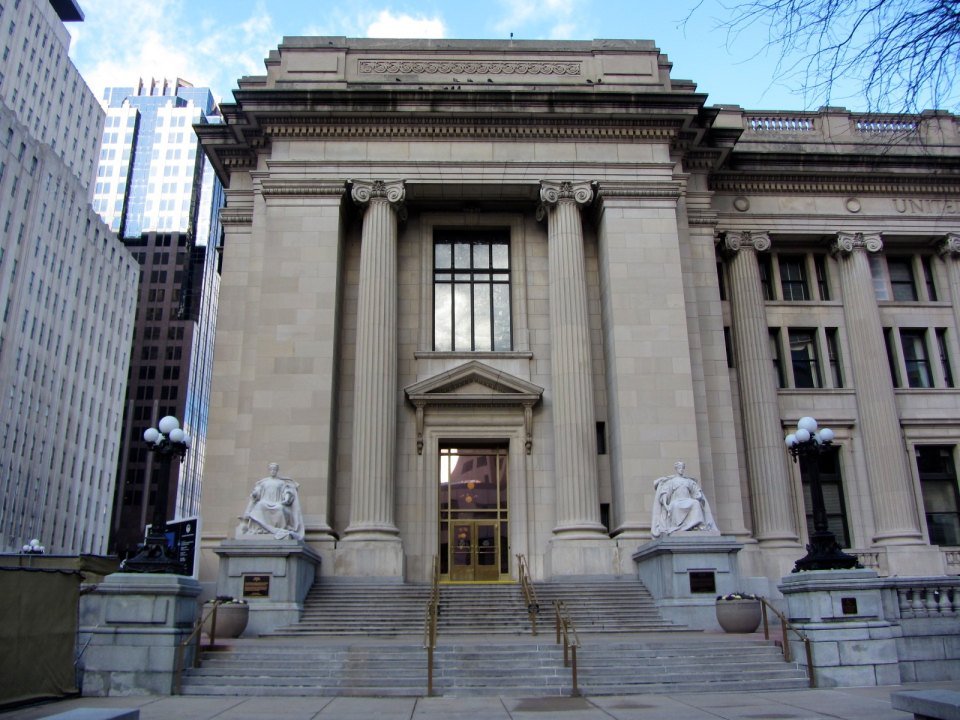 Exterior of the Birch Bayh Federal Building and U.S. Courthouse in Indianapolis, Indiana.
