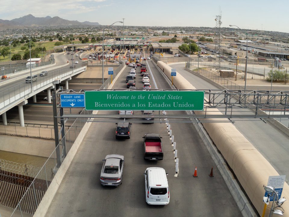 Aerial view of vehicles crossing into the United States at the Bridge of the Americas port of entry in El Paso.