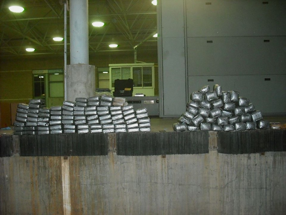 Packages of seized cocaine stacked at the Calexico East cargo port of entry in California