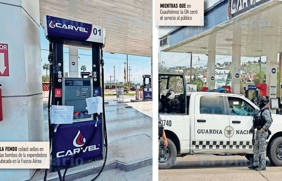 Two photos: a sealed Carvel fuel pump in Chihuahua, and an armed National Guard member beside a patrol truck at a Carvel station in Cuauhtémoc, September 2026