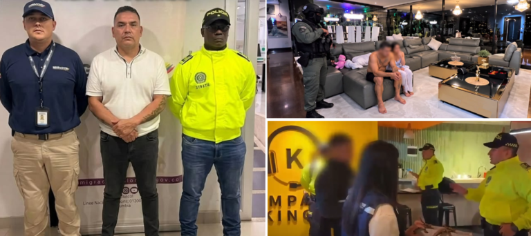Left: a man in a white polo shirt stands between a Migración Colombia officer and a Colombian police officer. Top right: an armed officer watches a shirtless man and a woman, faces blurred, on a sofa in a luxury apartment. Bottom right: police officers inside an office with a Kampaign Kings sign