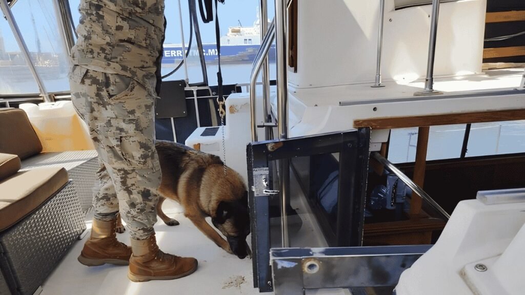 A Mexican Navy member in camouflage and a sniffer dog inspect the deck of a white yacht docked in port, with a ferry visible behind
