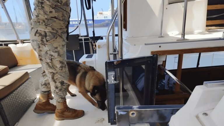 A Mexican Navy member in camouflage and a sniffer dog inspect the deck of a white yacht docked in port, with a ferry visible behind