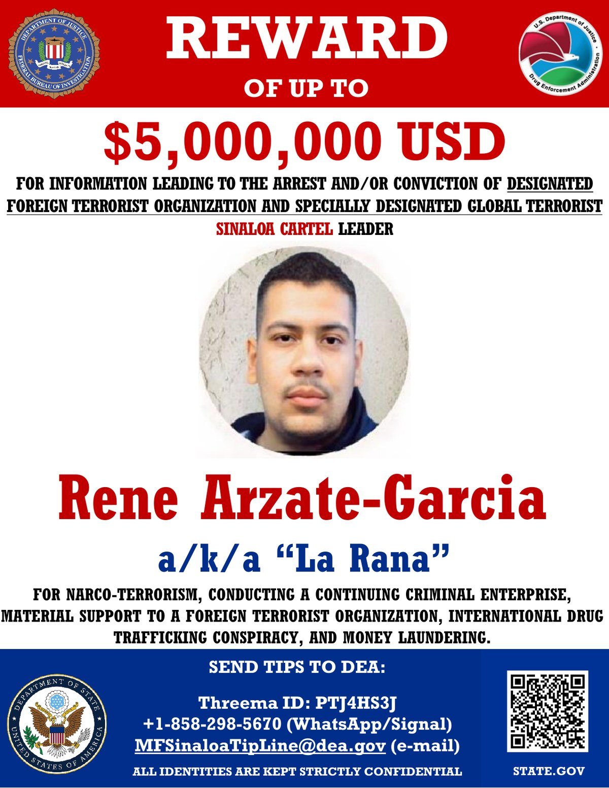 U.S. reward poster offering up to $5 million for René Arzate-García, 'La Rana'