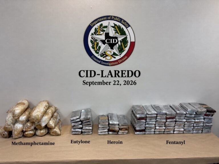 Packages of methamphetamine, eutylone, heroin and fentanyl laid out on a table under a Texas DPS Criminal Investigations Division seal reading CID-Laredo, September 22, 2026