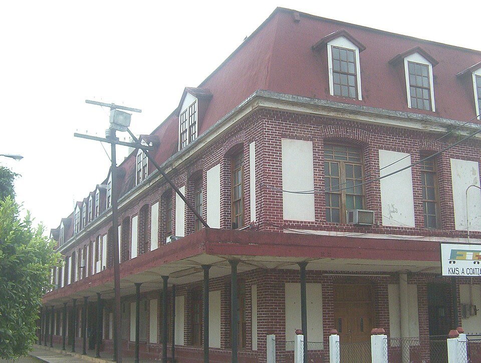 Red brick exterior of the railway station in Matias Romero, Oaxaca.