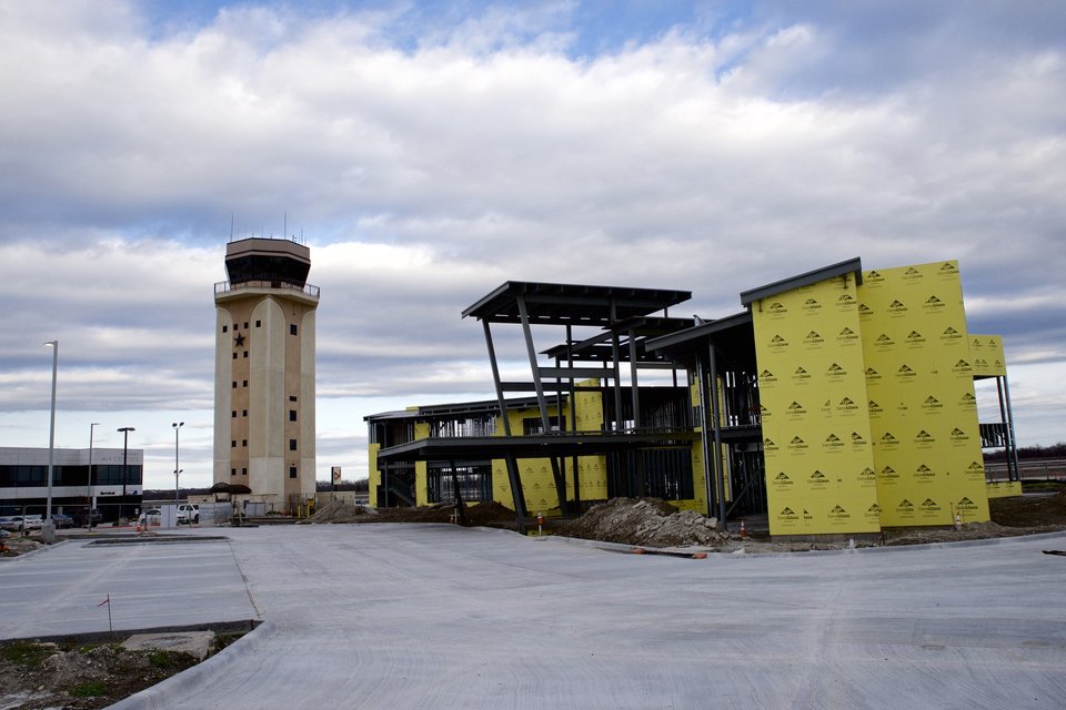 McKinney National Airport in McKinney, Texas, with its control tower and a new terminal under construction, January 2020