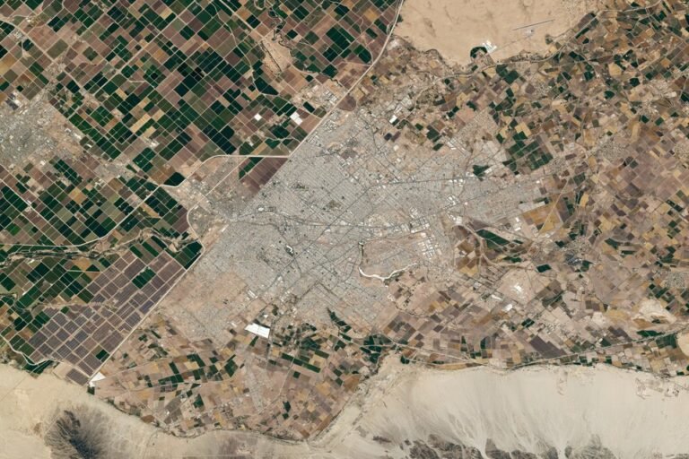 Aerial view from the International Space Station of Mexicali and the surrounding irrigated farm fields of the Mexicali Valley along the U.S.-Mexico border