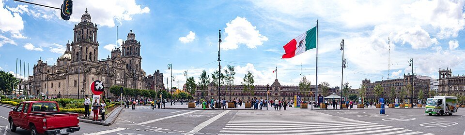 Mexico City Metropolitan Cathedral and Zocalo square, photographed in August 2019.