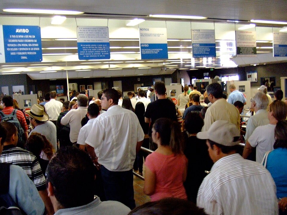 Travelers queuing inside the San Ysidro pedestrian border crossing in August 2008.