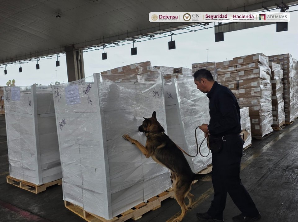 A customs officer leads a German shepherd drug-detection dog past shrink-wrapped pallets of boxes in the export area of the Tijuana customs facility