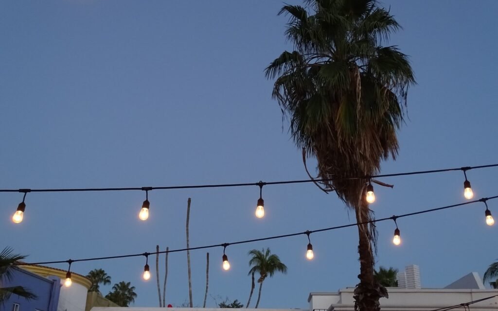 Dusk street scene with string lights in San José del Cabo