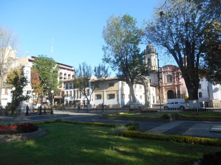 Tree-lined main plaza in the historic center of Uruapan, Michoacán, with colonial buildings and a church bell tower under a clear sky