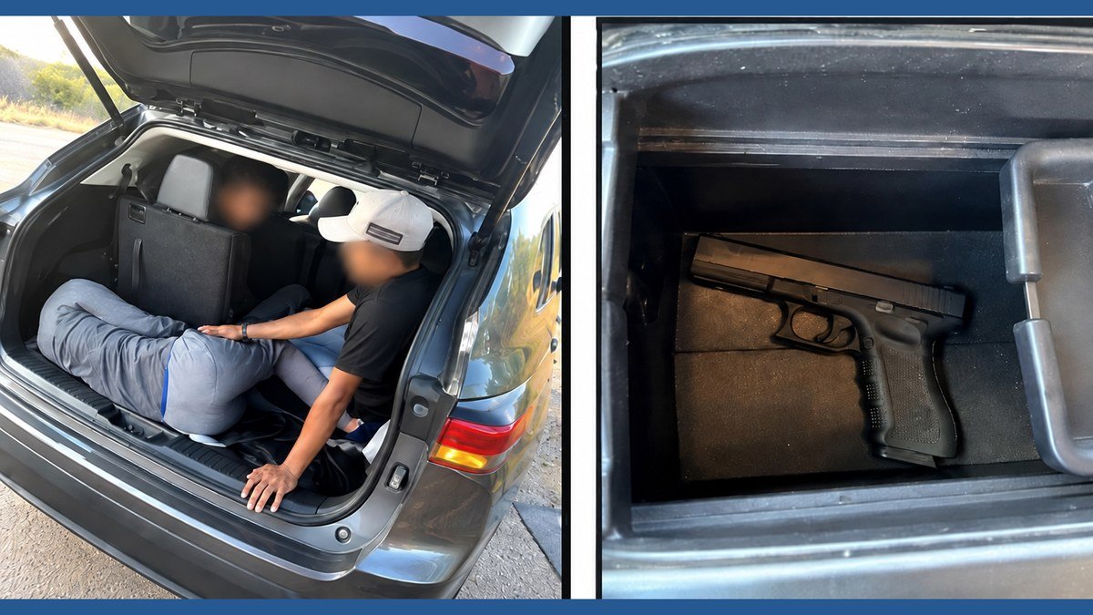 Two people with blurred faces crouched in the open cargo area of a gray SUV, beside a close-up of a black handgun in a vehicle storage compartment