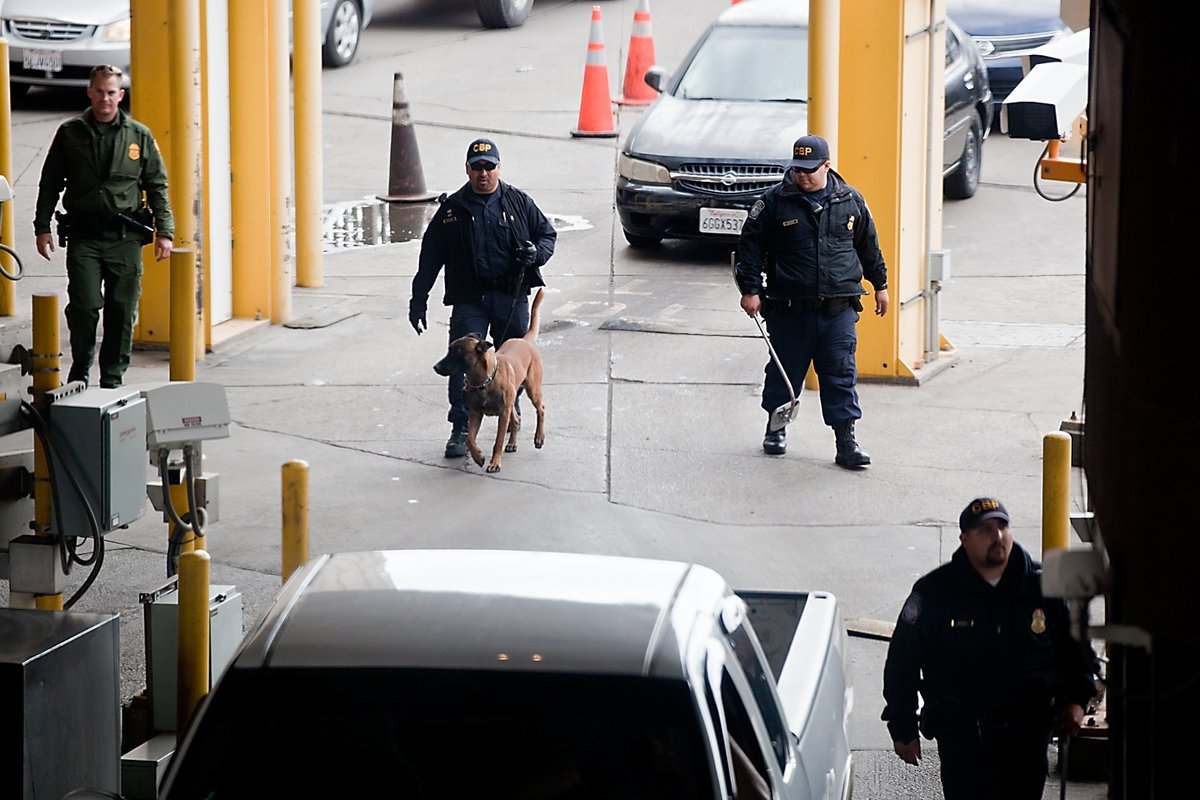 CBP officers and a dog walk between inspection lanes at the Calexico port of entry