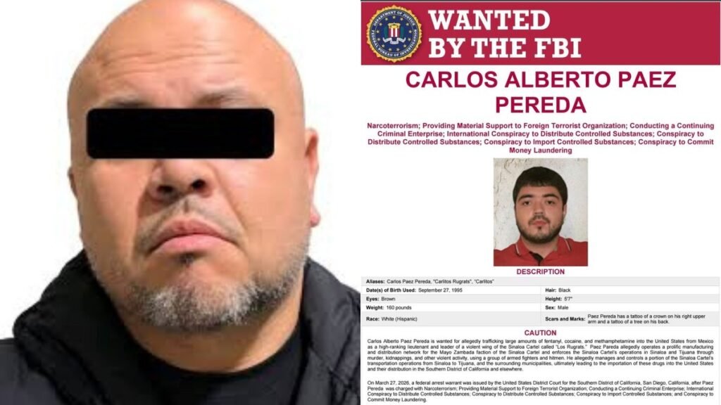 Left: State of Mexico booking photo of Jesús Darío Murrieta Navarro, 'El Cara de Cochi,' with eyes blacked out. Right: FBI wanted poster for Carlos Alberto Páez Pereda, 'Carlitos Rugrats'