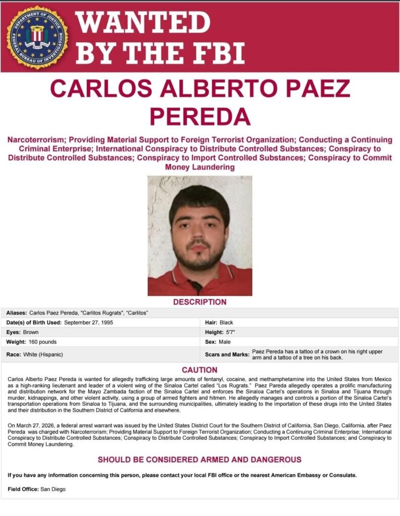 FBI wanted poster for Carlos Alberto Paez Pereda, alias 'Carlitos Rugrats,' listing narcoterrorism and drug-conspiracy charges