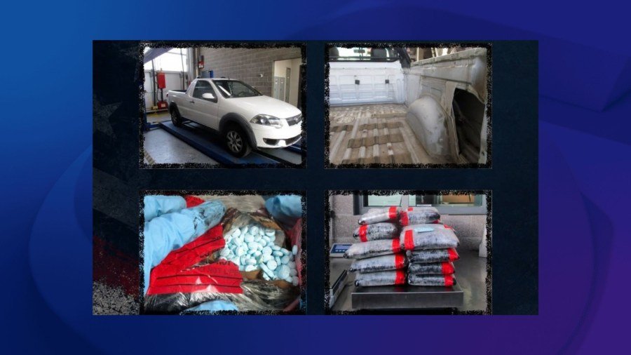 Four CBP photos: a white compact pickup on an inspection ramp, its open cargo bed, a bag of blue pills, and wrapped packages stacked on a scale