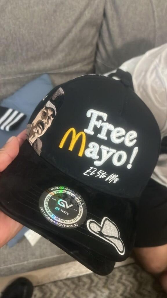 A black baseball cap embroidered with the words 'Free Mayo!' held in a hand