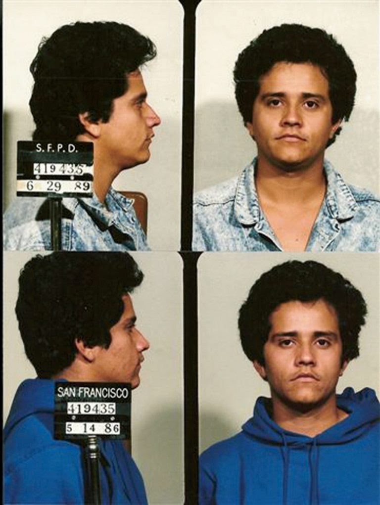 Four police booking photos, front and profile, of a young man with curly dark hair, with San Francisco Police Department placards dated 1986 and 1989