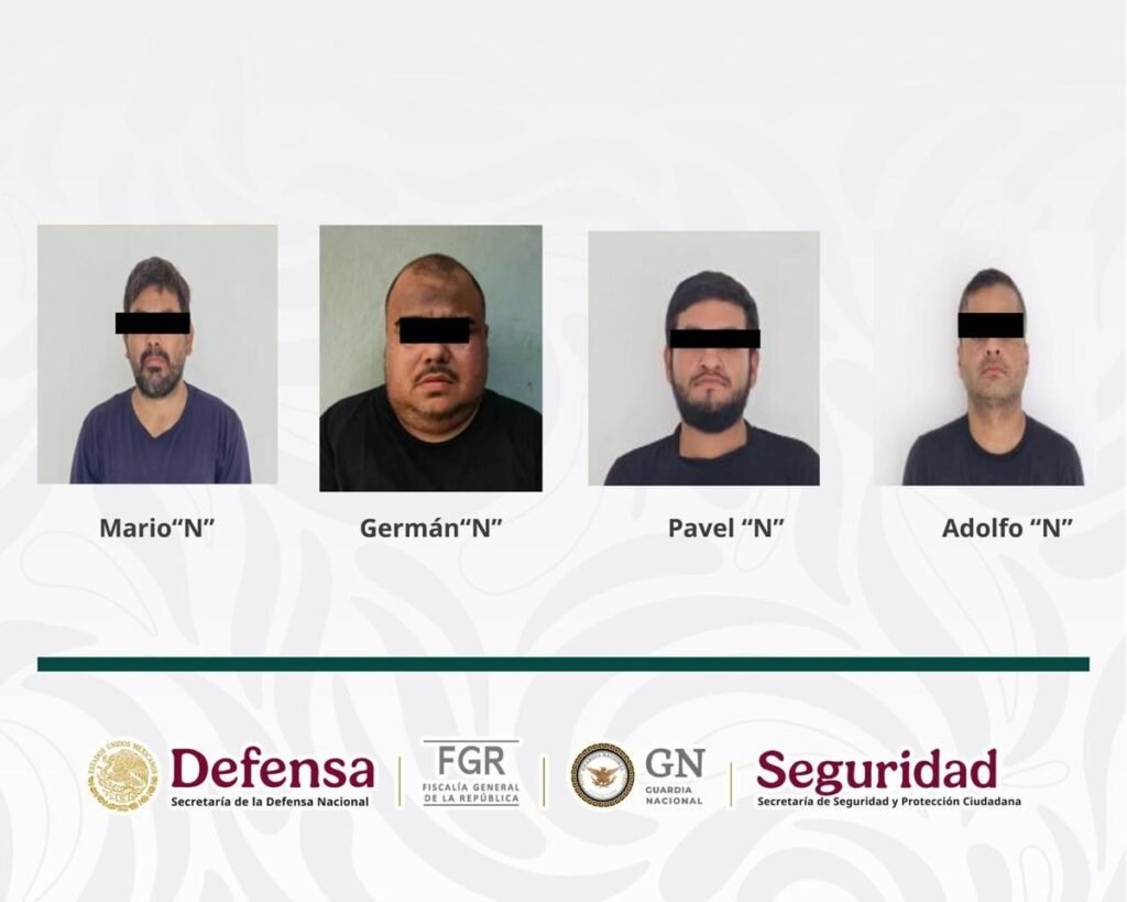 Mexican government photo sheet of four men detained in Culiacán, Sinaloa, labeled Mario N, Germán N, Pavel N and Adolfo N, with their eyes covered by black bars