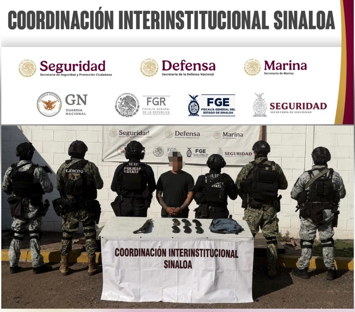 Official Sinaloa security coordination graphic showing a detained man with his face pixelated, flanked by soldiers, National Guard and state police