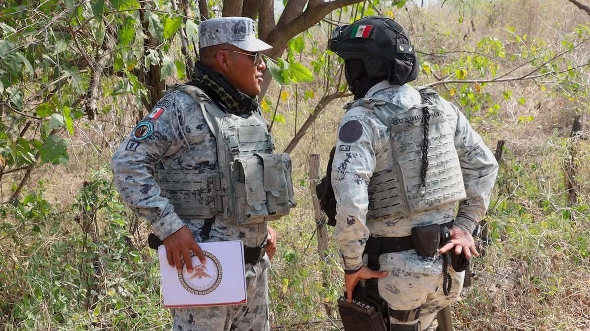 Two Mexican National Guard members in camouflage talk in brush near El Verde, Sinaloa
