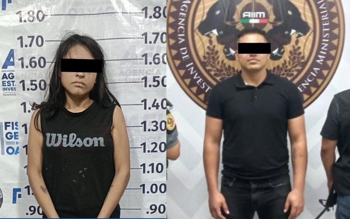 Oaxaca prosecutors' photos of a woman in a black sleeveless shirt in front of a height chart and a man in a black polo shirt in front of an investigative agency emblem, both with their eyes covered by black bars