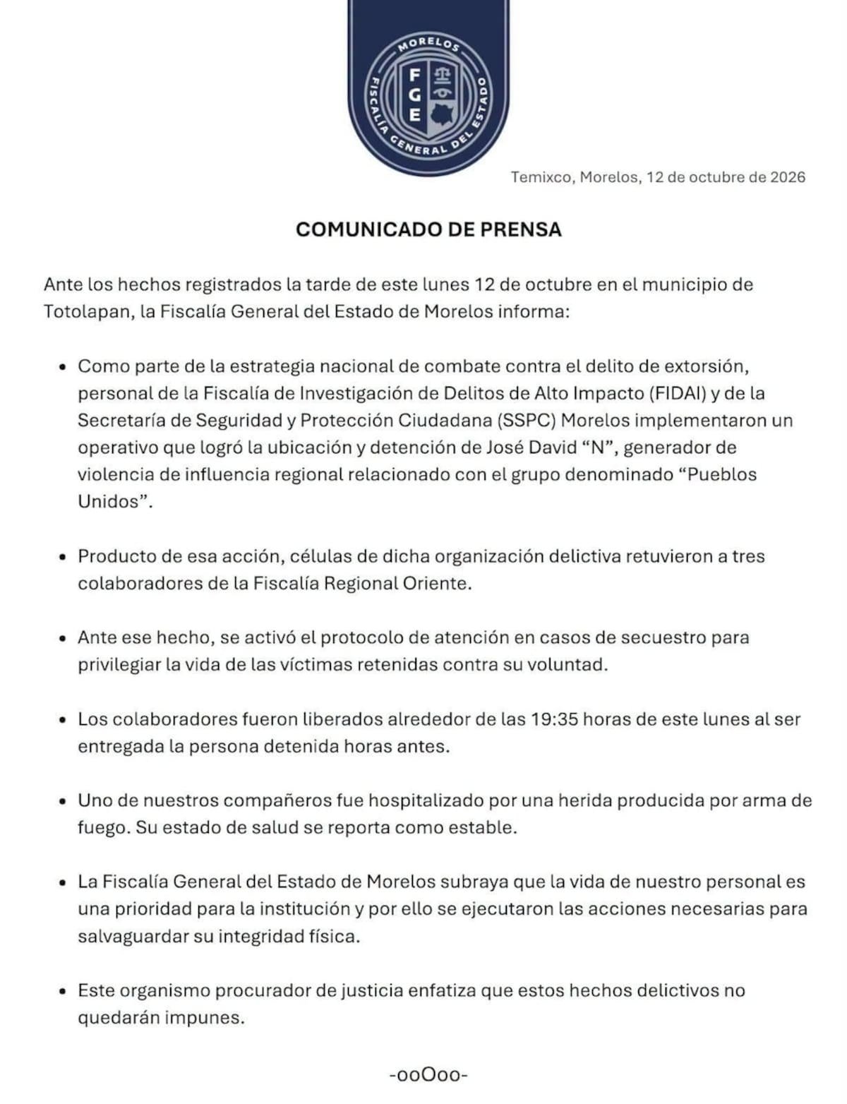 Morelos state prosecutor's office press statement dated Oct. 12, 2026, on the events in Totolapan