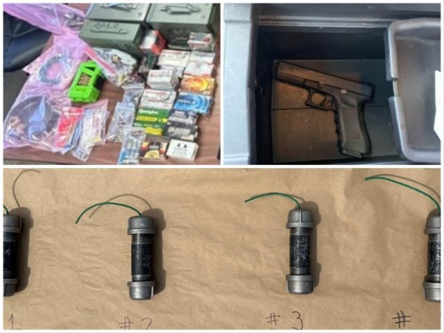 Four dark metal pipe devices with green fuses laid in a row on brown paper and numbered, above a handgun in a storage compartment and a table of ammunition boxes and cans