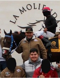 Two men with a racehorse and jockey under the Club La Molienda sign; Treasury identifies them as Gamaliel Garza García and Gamaliel Garza Elías and blacked out other faces