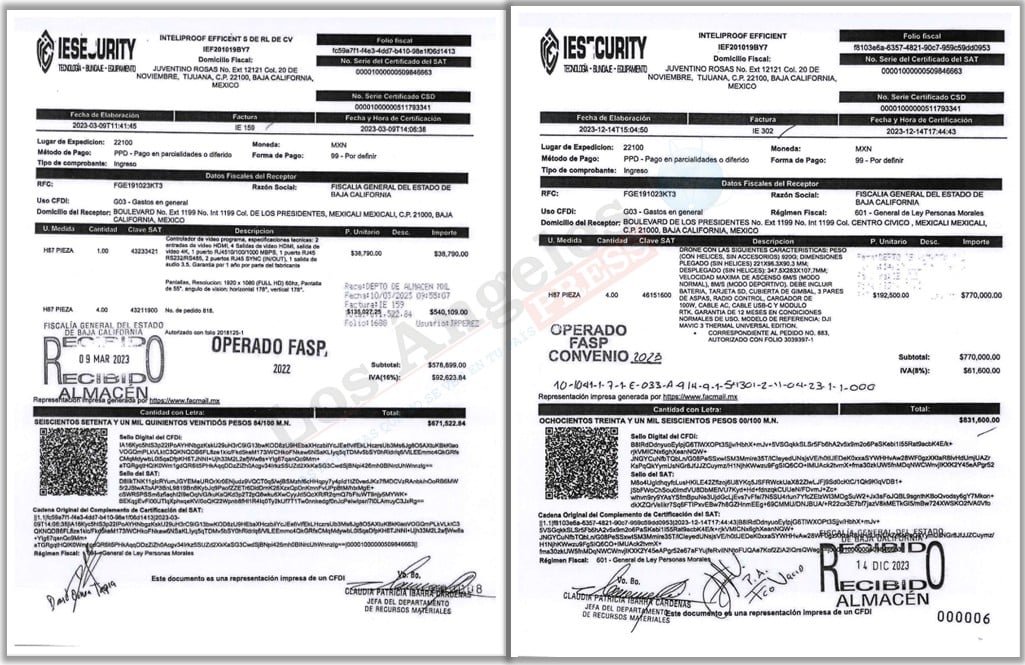 Two 2023 invoices from Tijuana firm Inteliproof Efficient (IE Security) to the Baja California State Attorney General's Office, one for four drones totaling 831,600 pesos