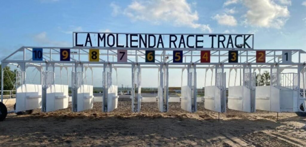 White ten-stall starting gate under a 'La Molienda Race Track' sign on a dirt horse track outside Nuevo Laredo