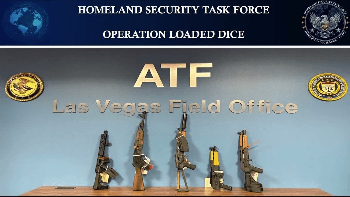 Homeland Security Task Force slide titled Operation Loaded Dice showing five seized rifles and pistols standing in front of the ATF Las Vegas Field Office sign