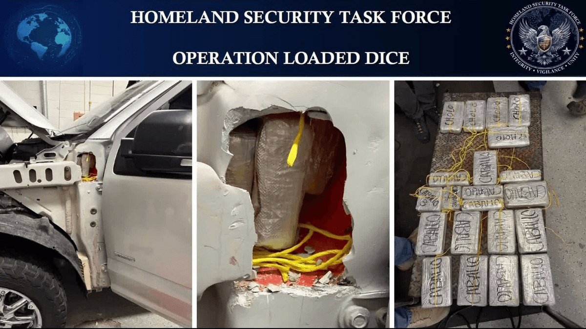 Homeland Security Task Force slide titled Operation Loaded Dice showing a silver pickup with its door panel cut open, wrapped bricks packed inside a hidden compartment, and about two dozen wrapped bricks laid out on a table
