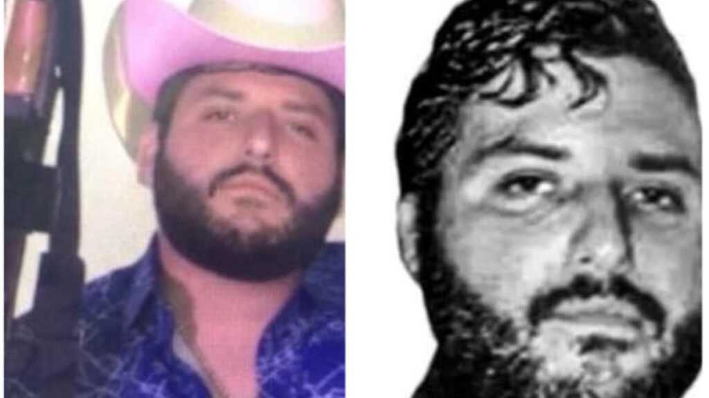 Two photos of Ismael Zambada Sicairos side by side: at left, a bearded man in a pink cowboy hat and blue shirt; at right, an older black-and-white close-up of a bearded man.