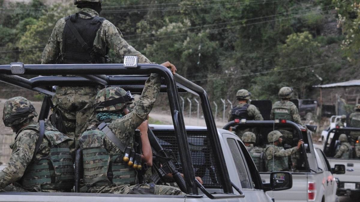 Mexican Navy marines in camouflage and helmets ride armed in the beds of gray pickup trucks on a road lined with green trees