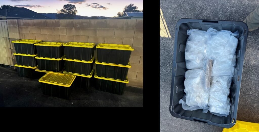 Thirteen black storage totes with yellow lids stacked against a block wall at dusk, beside a close-up of an open tote packed with clear vacuum-sealed bags