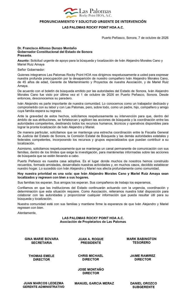 Letter on Las Palomas Rocky Point HOA letterhead dated Oct. 7, 2026, addressed to Sonora Gov. Alfonso Durazo, asking for an urgent search for Iván Alejandro Morales Cano and Mariel Ruiz Amaya