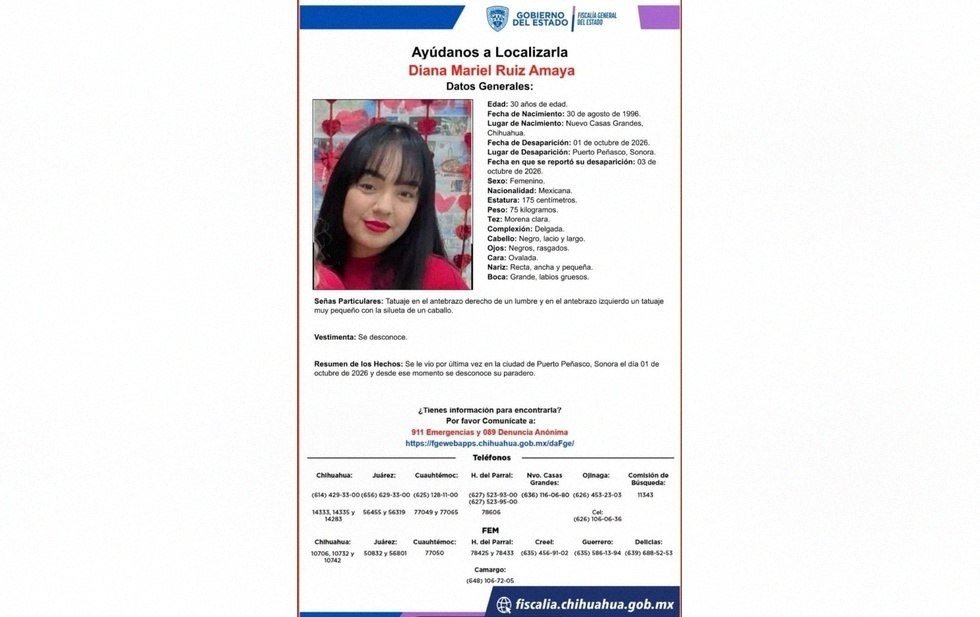 Chihuahua prosecutors' missing-person bulletin with a photo of a young woman with long black hair and the name Diana Mariel Ruiz Amaya, last seen in Puerto Peñasco, Sonora