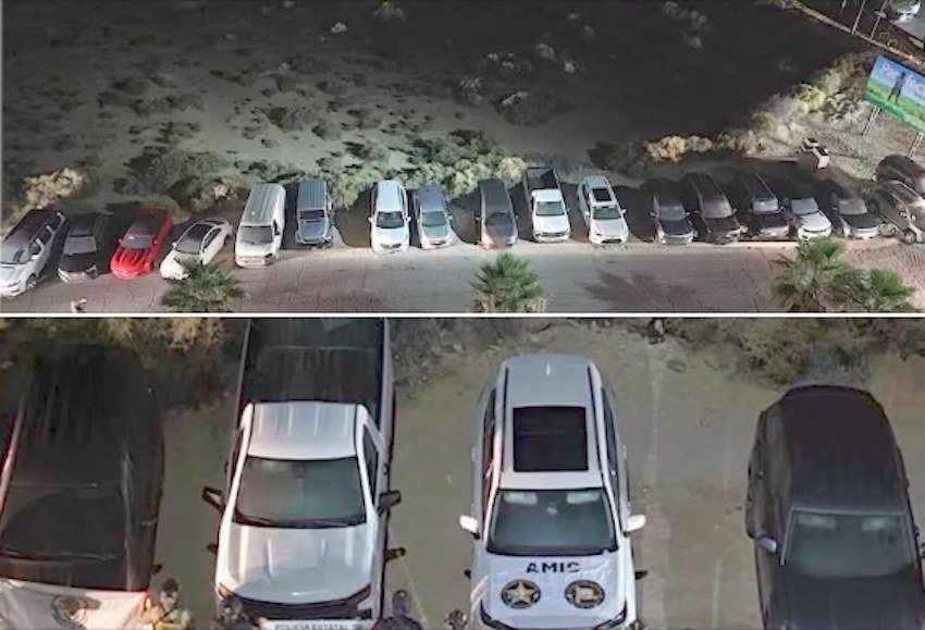 Two-panel image: top, a row of seized vehicles at night in Puerto Peñasco; bottom, vehicles including a white truck marked AMIC, Sonora's state investigative police