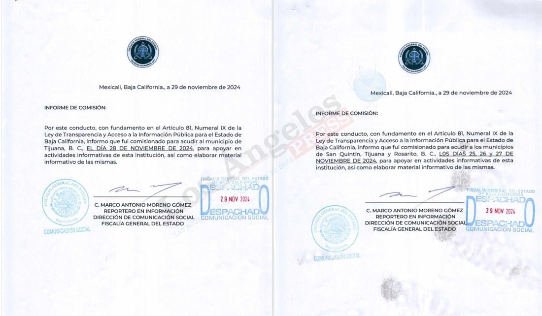 Two Nov. 29, 2024, Baja California prosecutor's office travel reports signed by Marco Antonio Moreno Gómez as 'Reportero en Información' of the Social Communication office