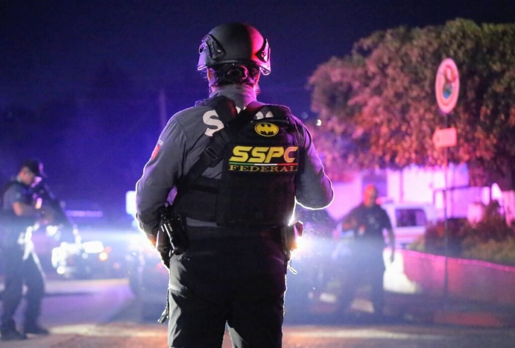 Federal SSPC security officer in a helmet and tactical vest seen from behind at a night operation, with police lights